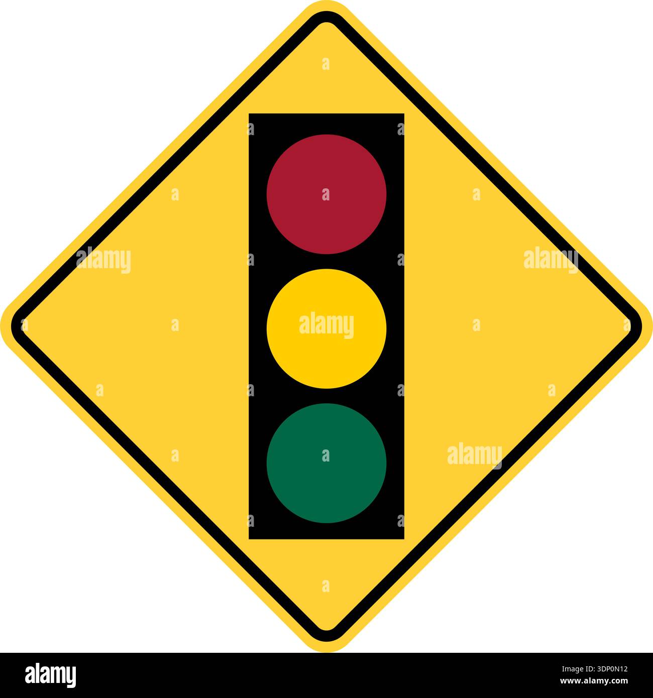 Illustration vectorielle d'un feu de circulation américain devant le panneau d'autoroute. Il se compose de feux rouges, jaunes et verts dans un carré noir et jaune incliné Illustration de Vecteur