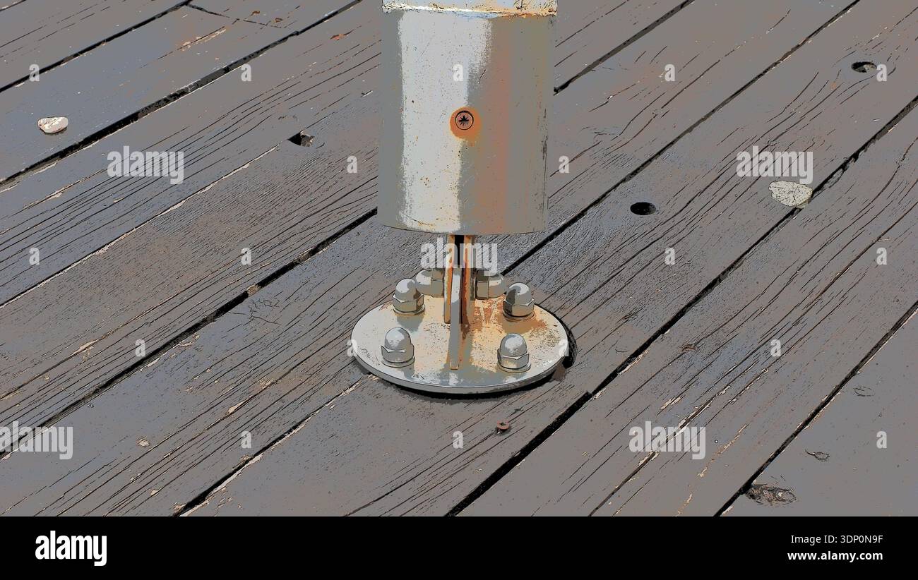 Illustration stylisée montrant une plaque de base en métal rouillé fixée par des boulons à des lames de terrasse en bois usé. Gros plan sur la mise en évidence des détails industriels Banque D'Images