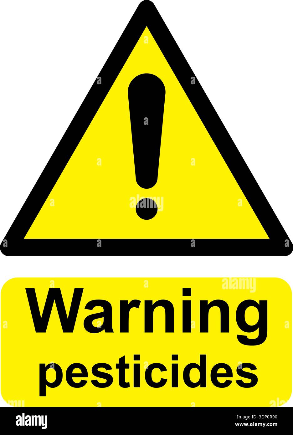 Illustration vectorielle noire et jaune du panneau d'avertissement pesticides d'avertissement. Il se compose d'un symbole dans un triangle au-dessus du texte d'avertissement. Illustration de Vecteur