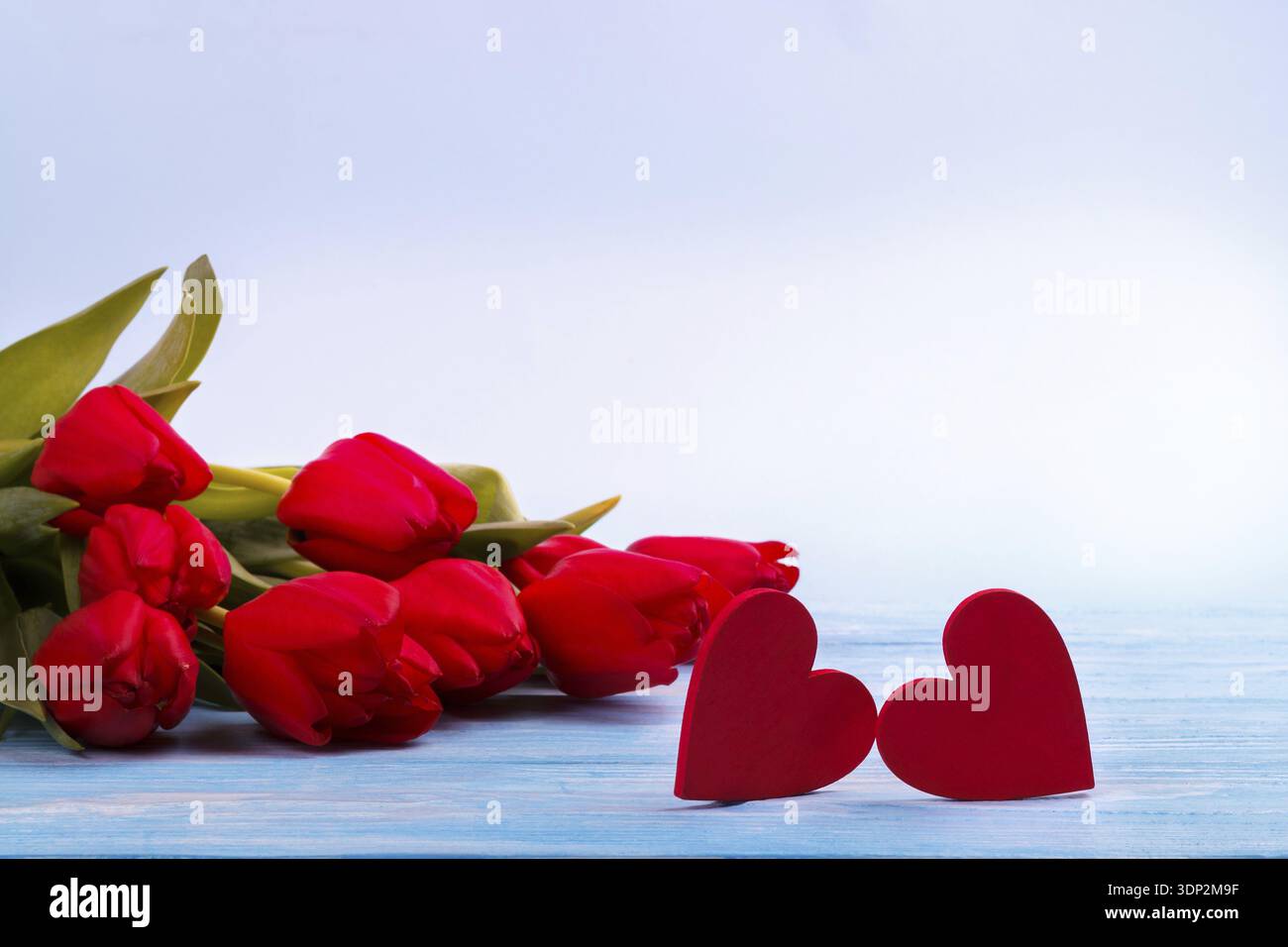 Tulipes rouges et deux coeurs en bois sur table bleue with copy space Banque D'Images