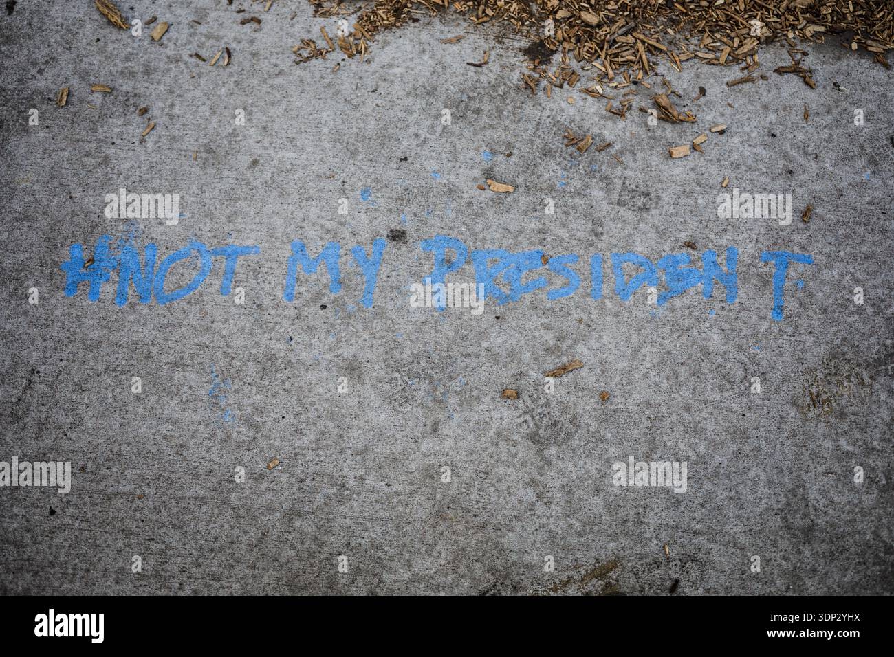 Graffiti politique lisant « #NOT MY PRESIDENT » peint en bleu sur un trottoir gris de New York, février 2017. Banque D'Images
