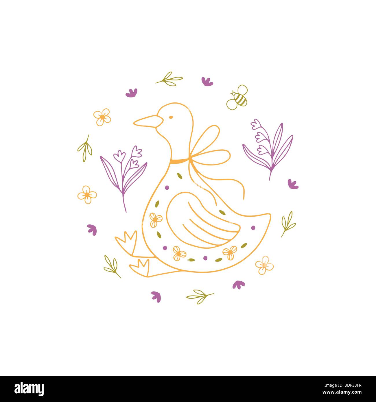 Dessiné à la main Doodle Spring Goose avec dessin de fleurs Illustration de Vecteur