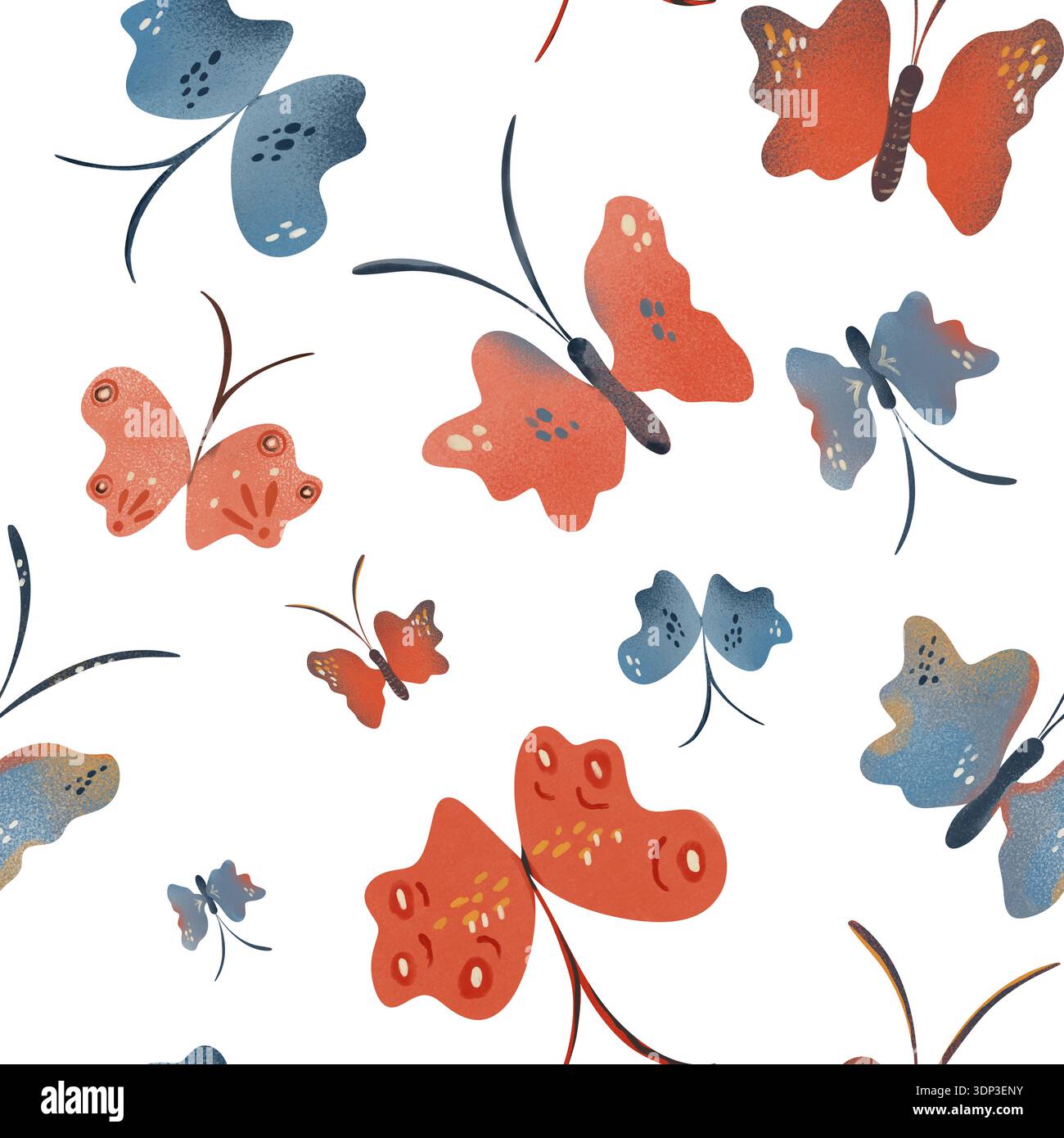 Motif sans couture avec des papillons dans des tons pastel doux et terre cuite chaude. Avec des formes ludiques, des ailes pointillées, des antennes délicates. Idéal pour Banque D'Images