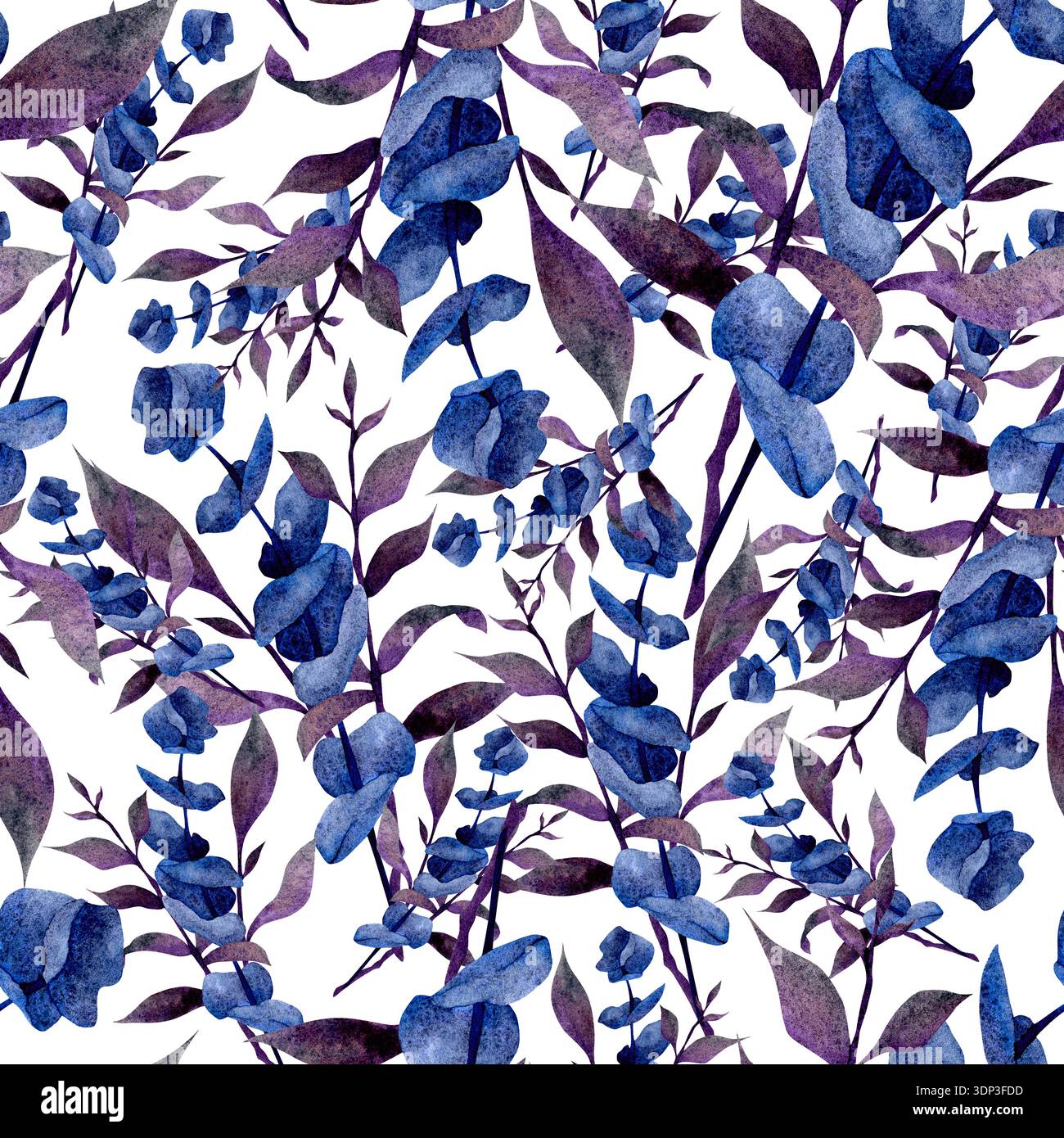Un motif sans couture avec des fleurs et des feuilles bleues et violettes aquarelle sur un fond blanc. Parfait pour les textiles et les papiers peints. Banque D'Images