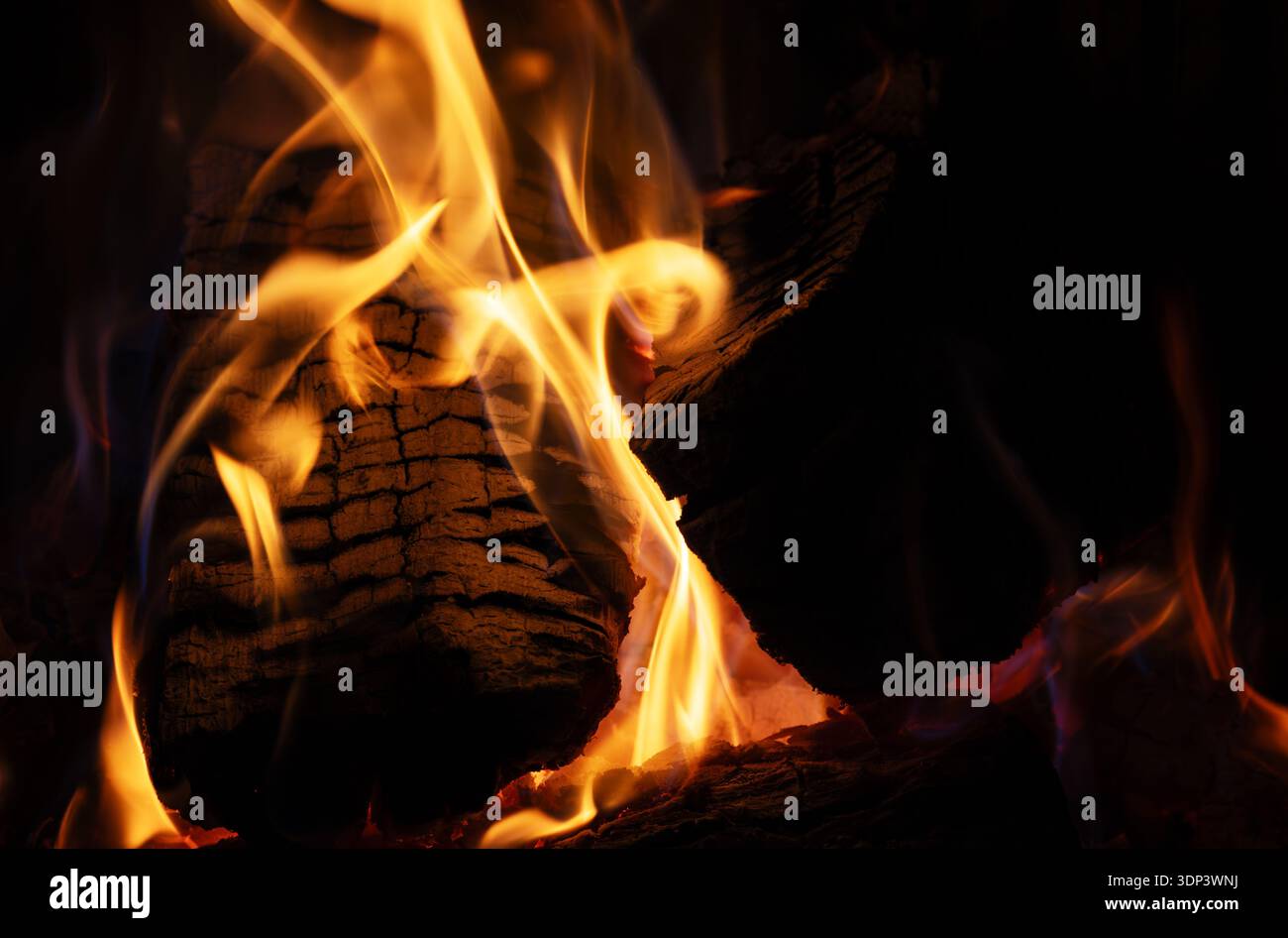 Plan atmosphérique d'un feu de bois brûlant avec des ombres profondes et un contraste élevé entre les flammes et l'arrière-plan sombre Banque D'Images