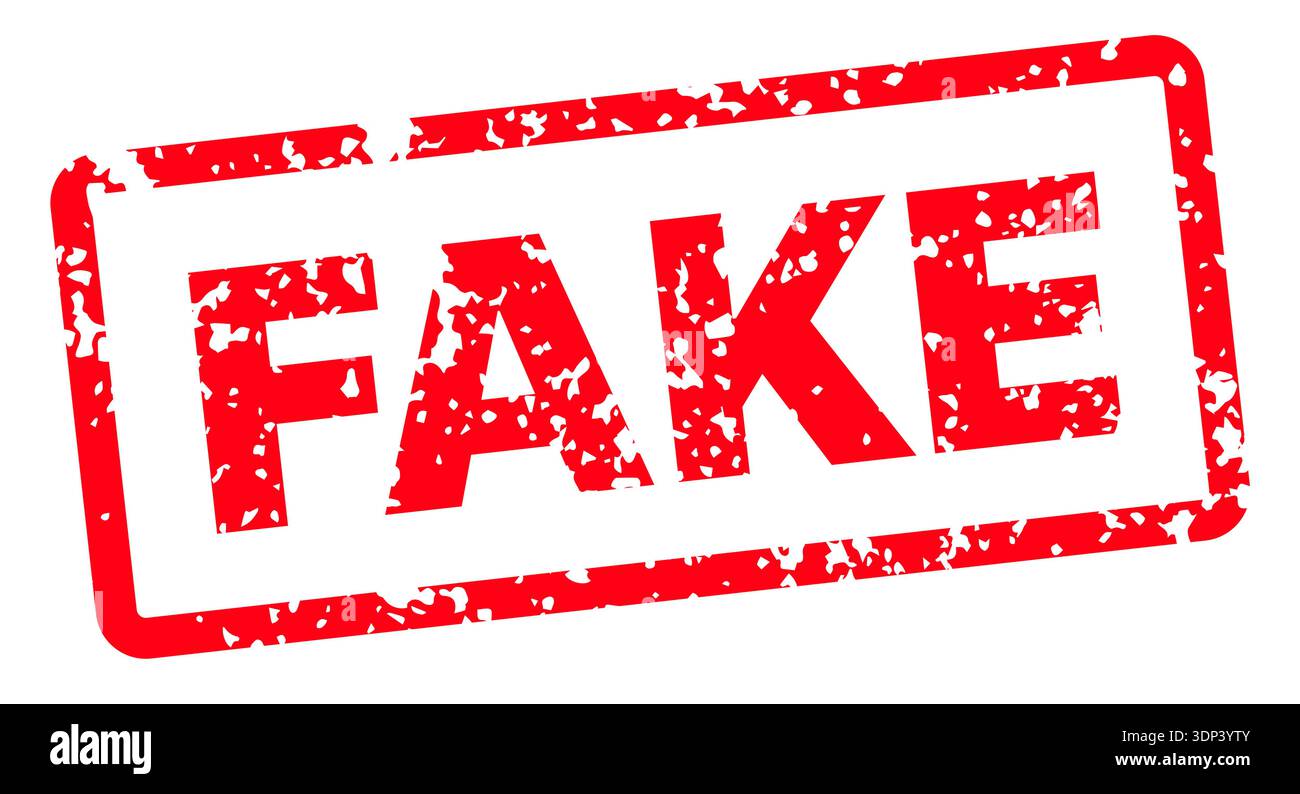 Tampon en caoutchouc rouge avec faux texte dans le style grunge, autocollant de tampon en détresse dans la typographie vectorielle en gras isolé sur fond transparent pour fraude Illustration de Vecteur