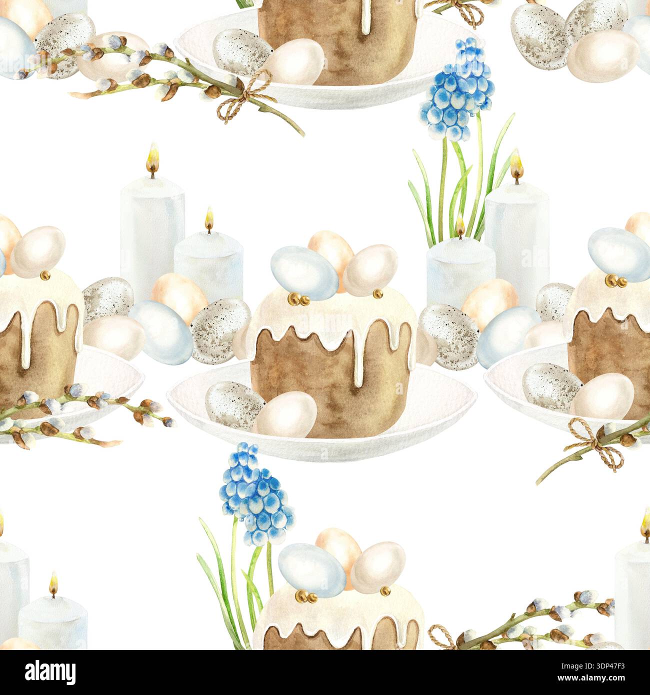 Motif sans couture de gâteau de Pâques. Pâtisserie glacée décorée d'œufs, de branches de saule, de fleurs de muscari et de bougies. Illustration d'aquarelle dessinée à la main pour Banque D'Images
