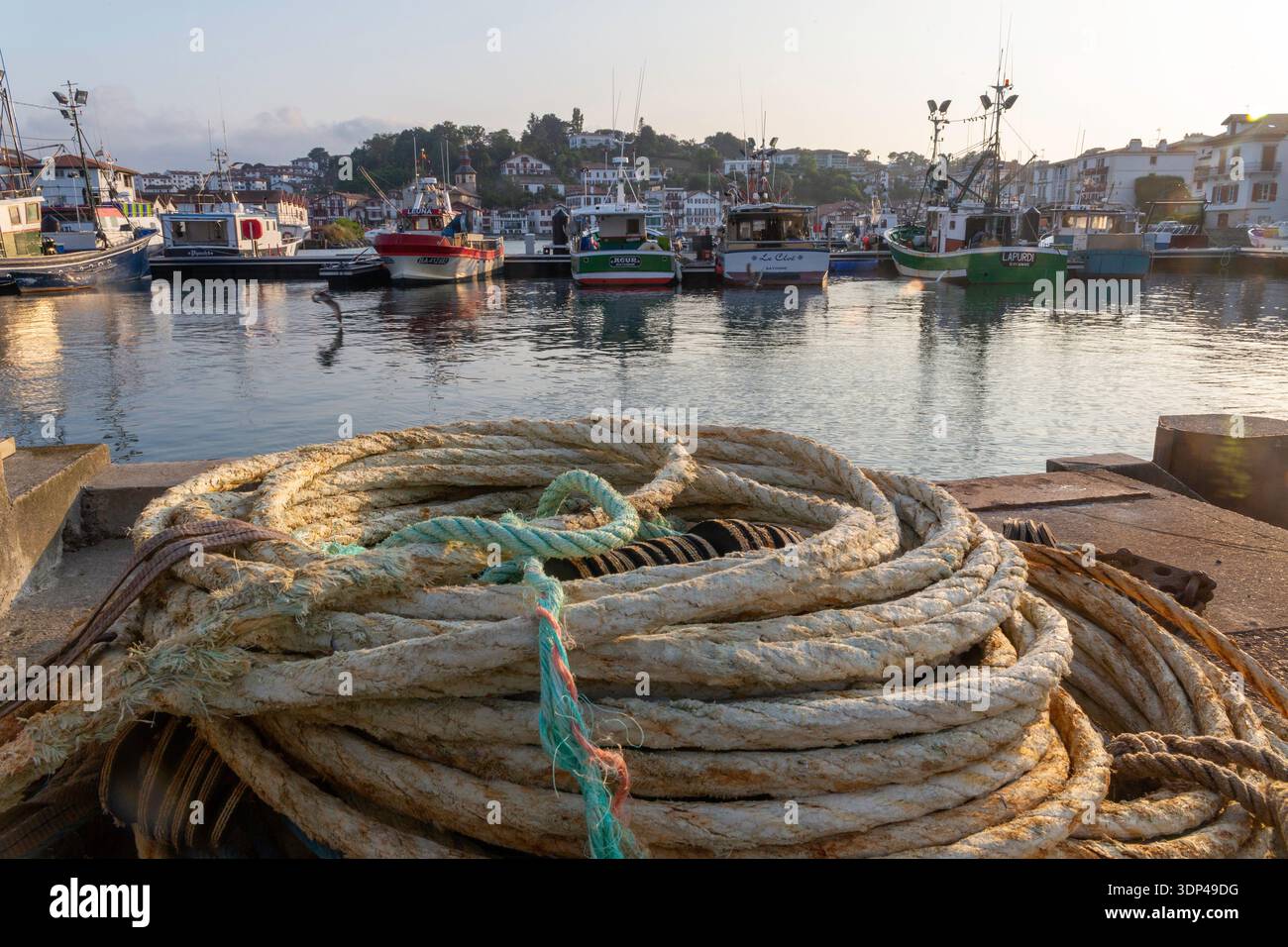 Une scène portuaire tranquille avec des bateaux de pêche amarrés sous la douce lumière du matin. Banque D'Images
