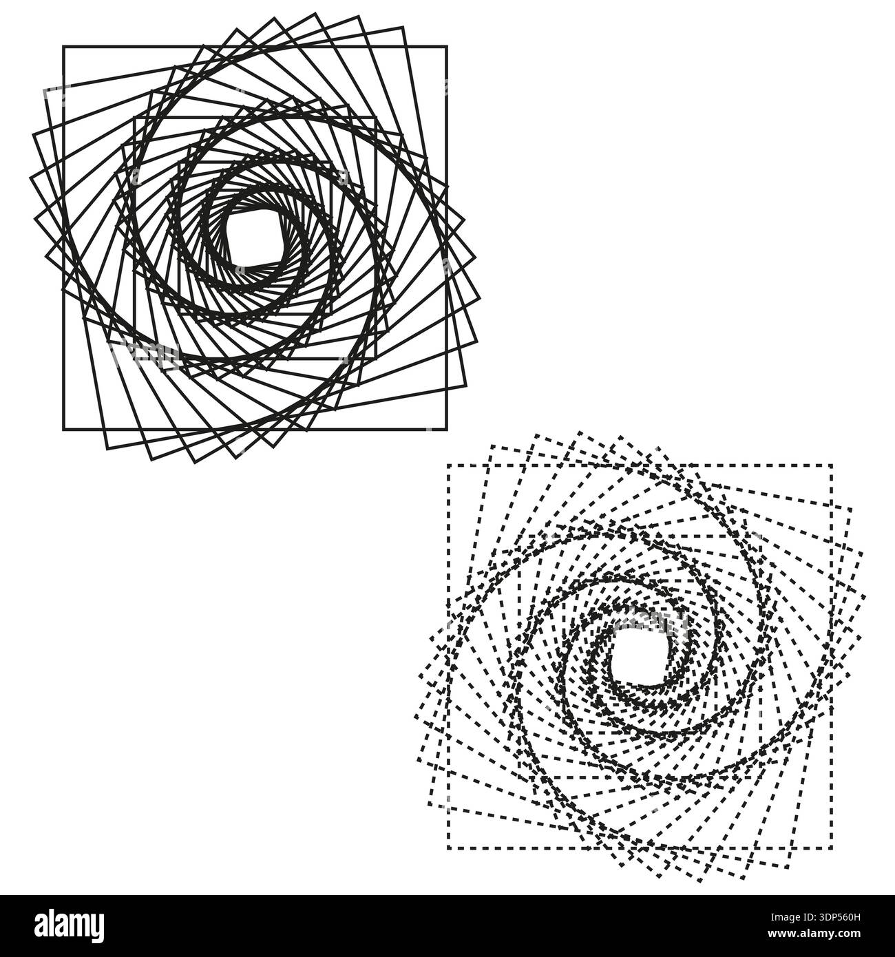 Jeu de spirales carrées. Vecteur de rotation géométrique. Tourbillon de ligne noire. Conception optique abstraite. Illustration de Vecteur