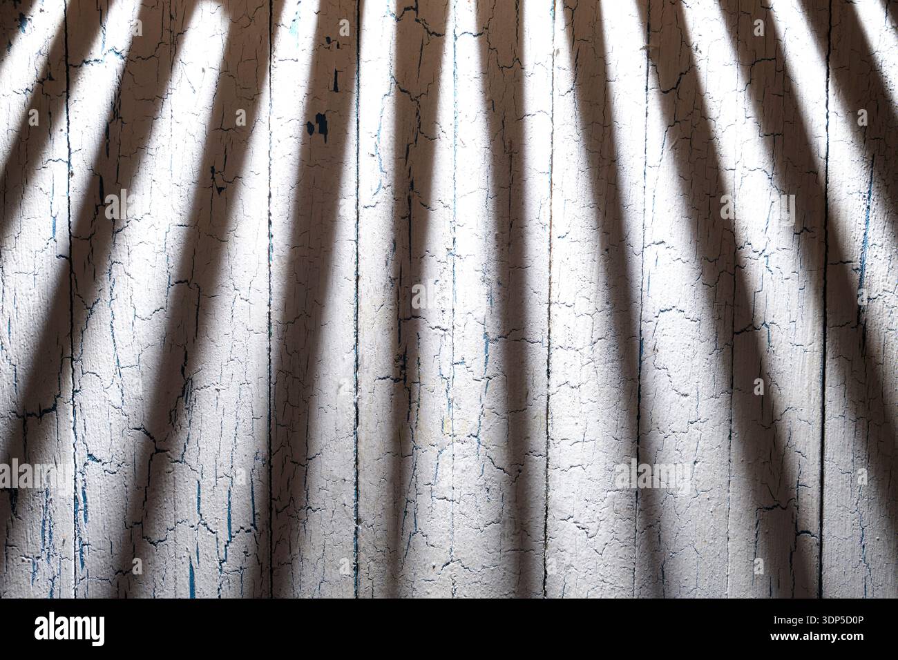 Mur en bois blanc vieilli avec des planches verticales et de la peinture craquelante lourde. De longues ombres verticales dramatiques créent une sensation mystérieuse et artistique Banque D'Images