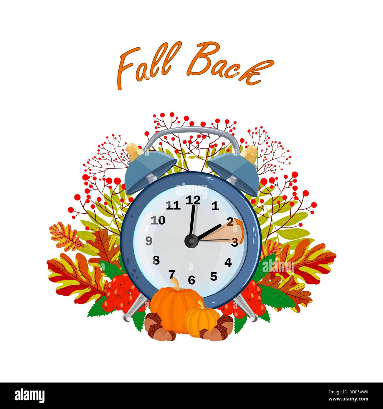 Réveil et feuillage d'automne, citrouilles, baies.Autumn back concept de temps de sauvegarde avec horloge et feuilles d'automne. Le temps de recul commence.temps d'automne.vecteur Illustration de Vecteur
