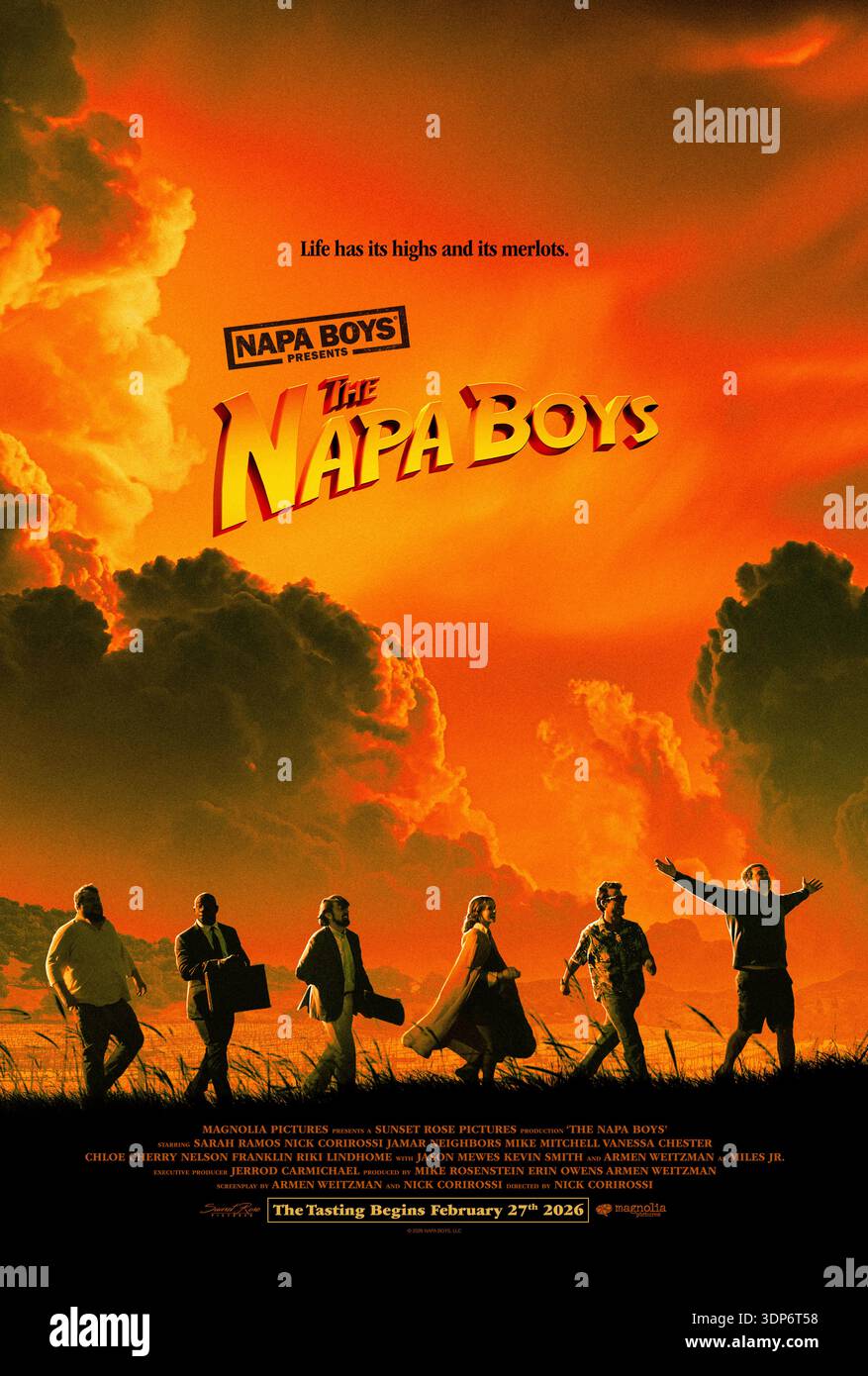 The Napa Boys (2026) réalisé par Nick Corirossi et mettant en vedette Nick Corirossi, Armen Weitzman et Sarah Ramos. Jack Jr. et Miles Jr. mènent le gang des Napa Boys dans une aventure imprégnée de vin, guidée par le mystérieux Sommelier, mêlant des bizarreries absurdes et des leçons de vie dans Napa Valley. Affiche AMÉRICAINE À une feuille POUR USAGE ÉDITORIAL UNIQUEMENT. Crédit : BFA / Magnolia Pictures Banque D'Images