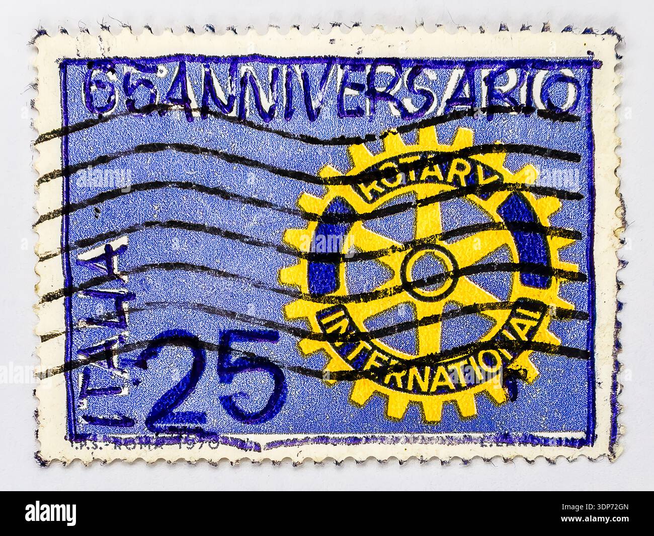 Timbre commémoratif célébrant un anniversaire de Rotary International, représentant l'emblème de la roue Rotary. Banque D'Images