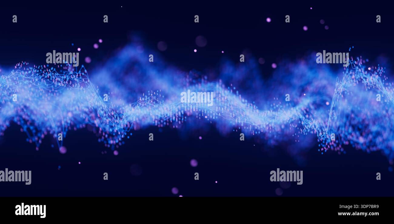 Technologie futuriste onde numérique binaire avec des points de données de nuage. Concept de flux de données IA du cyberespace. Onde numérique abstraite avec des nombres. Big Data Banque D'Images