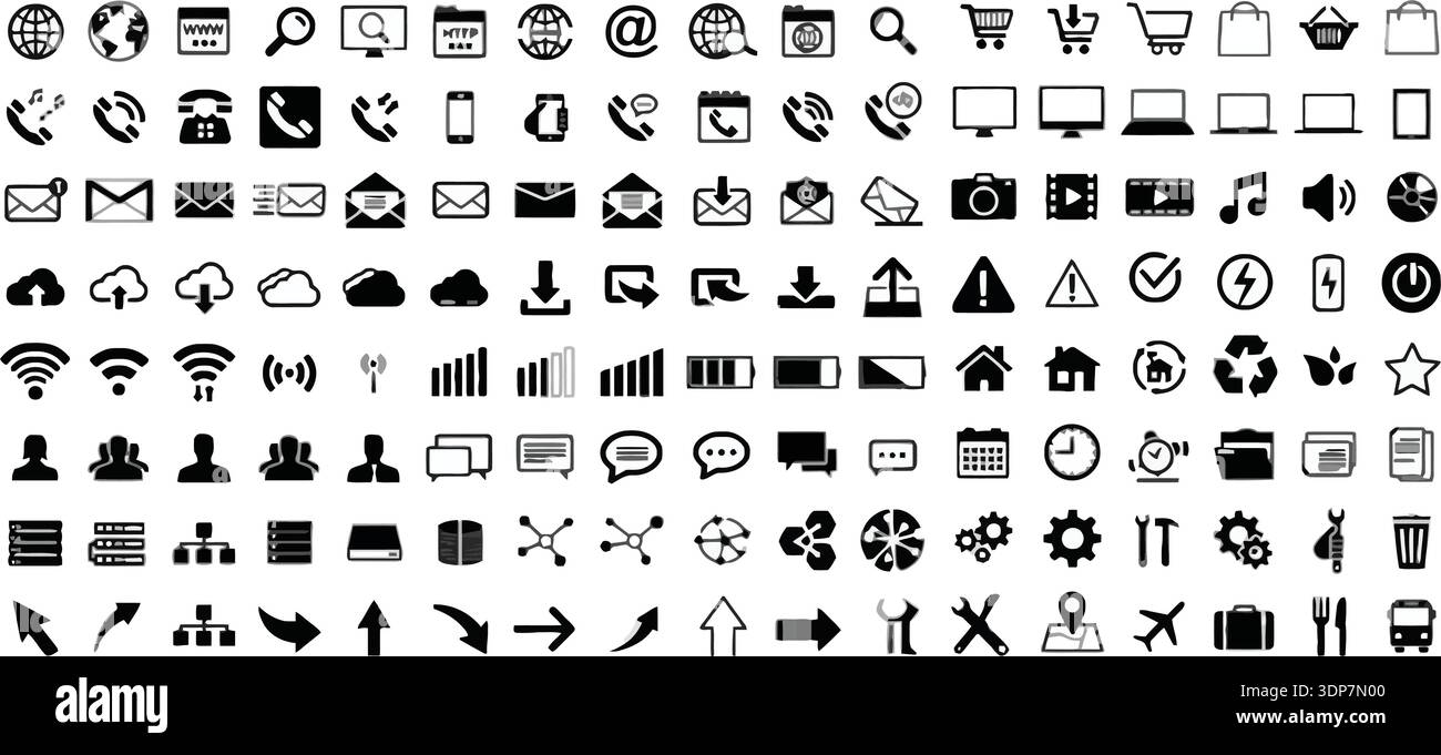 Ensemble d'icônes d'interface utilisateur noir de vecteur pour le web, l'application, la communication, les affaires, les médias, et des interfaces technologiques, isolées sur blanc Illustration de Vecteur