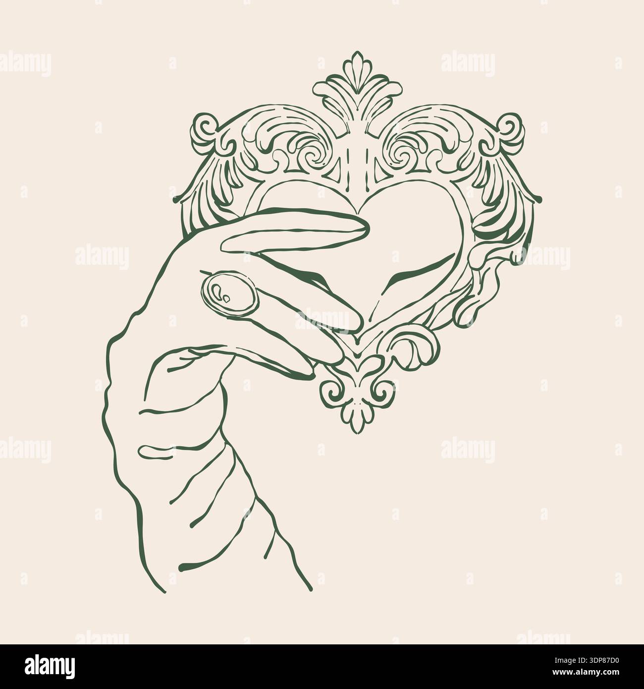 Une main gantée tient un bijou vintage en forme de coeur. Illustration vintage femme. Accessoires rétro. Clip art vectoriel de contour en vert. Illustration de Vecteur