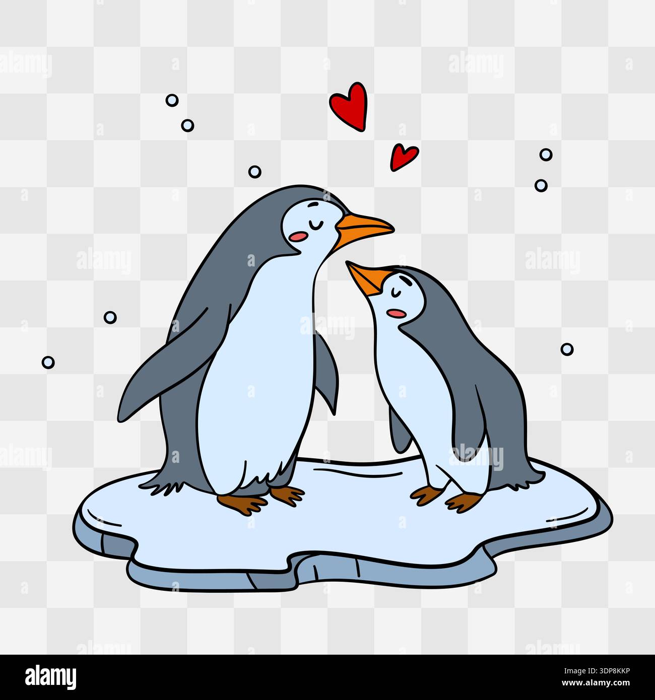 Illustration dessinée à la main de deux mignons pingouins amoureux, parfaite pour les projets de la Saint-Valentin. Adorables oiseaux romantiques avec des coeurs, des câlins chauds et doux Banque D'Images