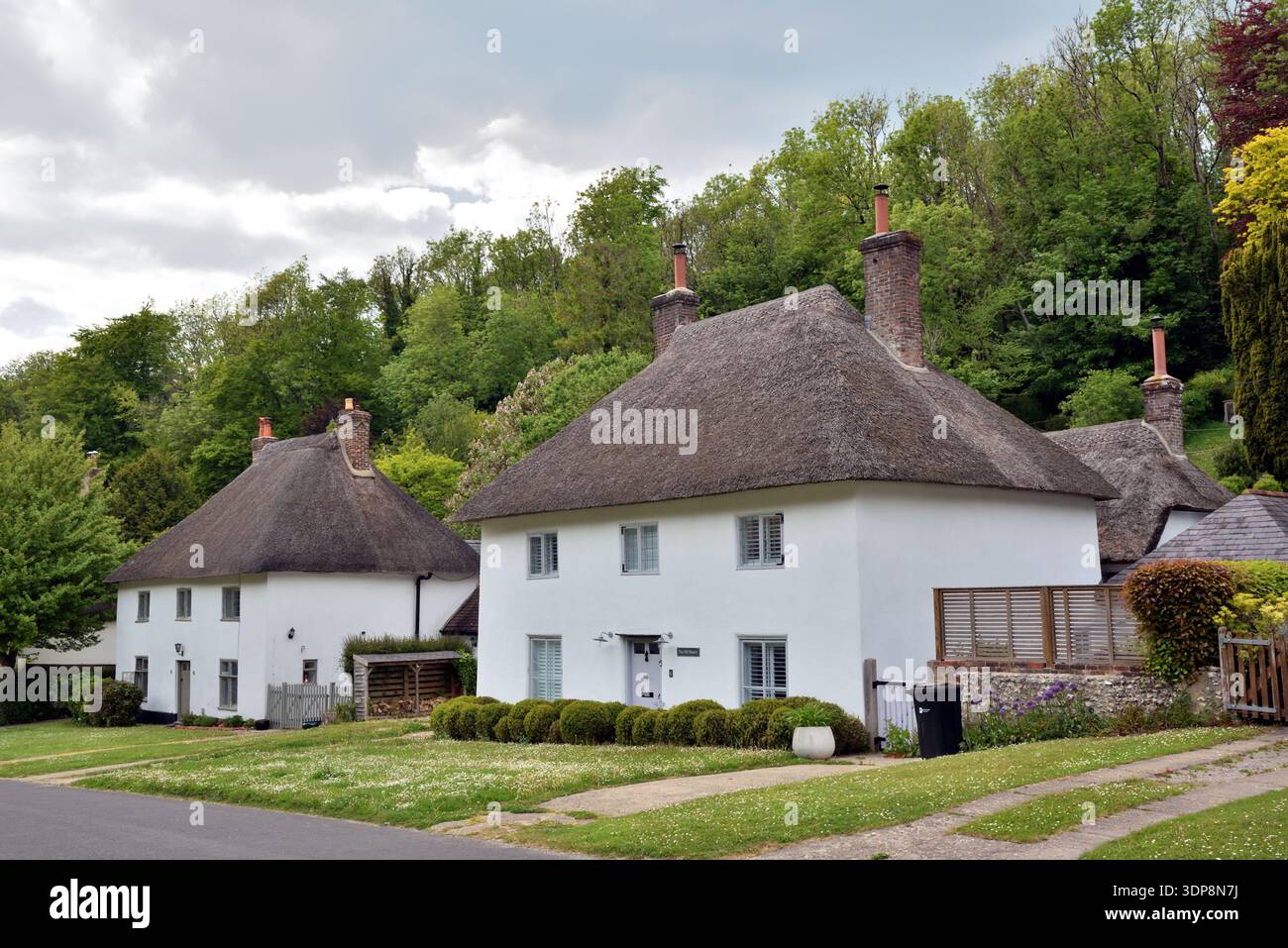 Chalets de chaume à Milton Abbas, Dorset Banque D'Images