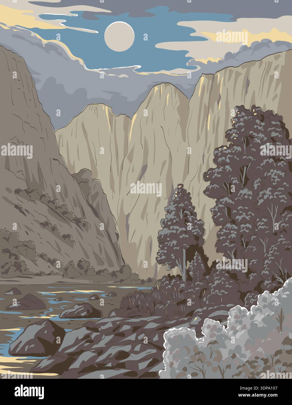 Ukiyo-e de style WPA ou ukiyo illustration de la rivière Gunnison le long du Black Canyon du parc national Gunnison dans l'ouest du Colorado aux États-Unis fait Banque D'Images