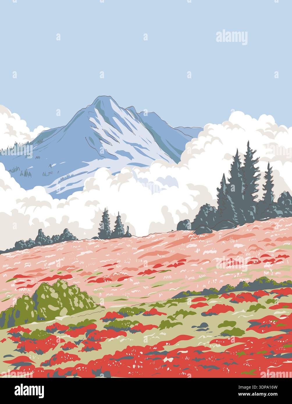 Style WPA ukiyo-e ou ukiyo illustration du col Cascade et du bassin Pelton dans le parc national North Cascades État de Washington, États-Unis fait dans un style rétro Banque D'Images