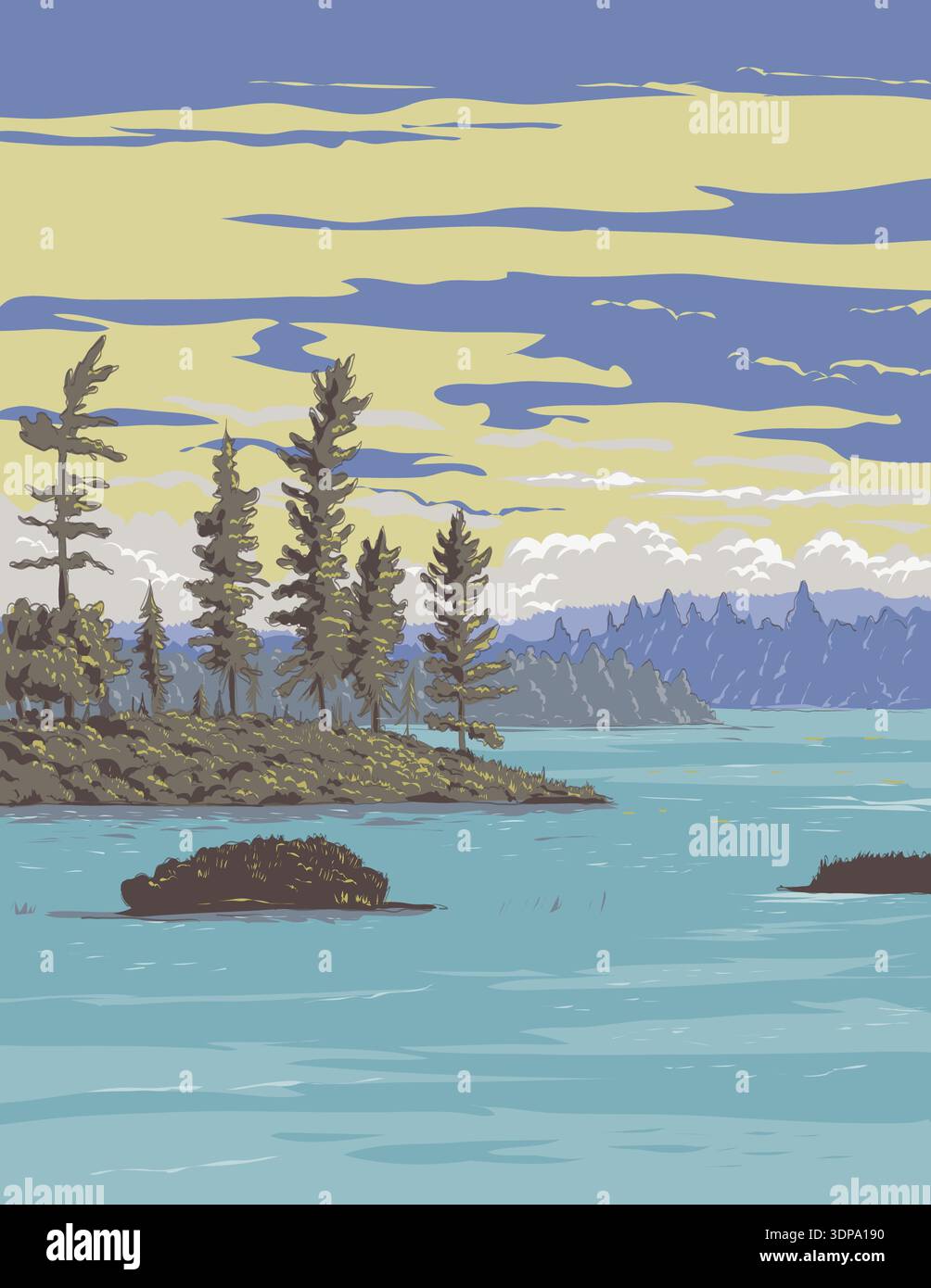 WPA style ukiyo-e ou ukiyo illustration de Rainy Lake dans le parc national voyageurs dans le nord du Minnesota, USA fait dans un style rétro Banque D'Images