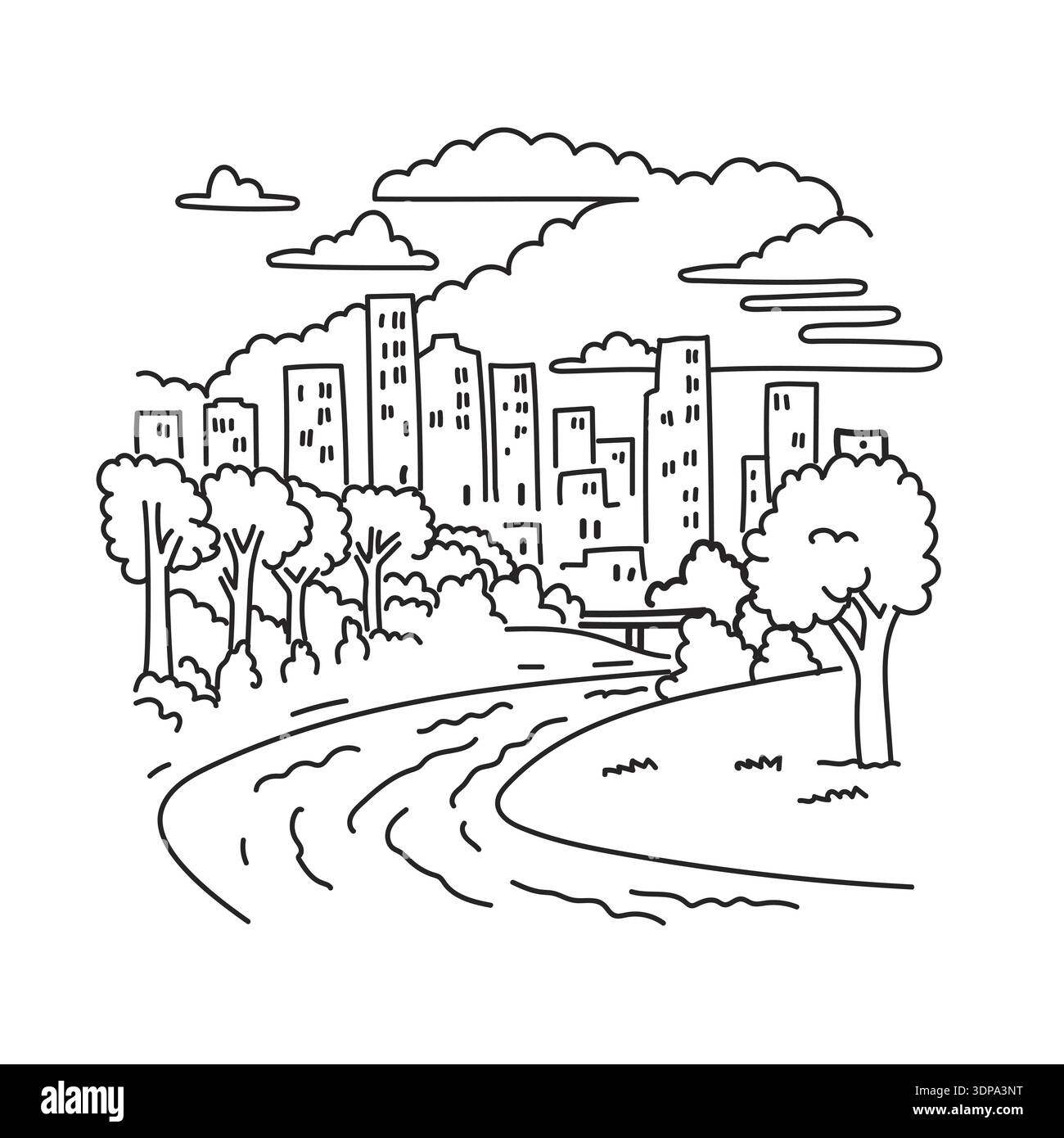 Illustration monoligne du parc Buffalo Bayou situé le long des rives du Buffalo Bayou près du centre-ville de Houston, Texas aux États-Unis d'Amérique Banque D'Images