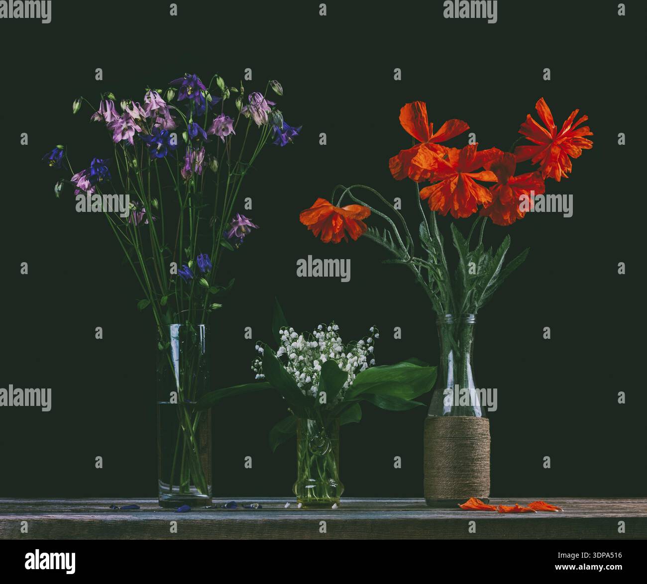 Bouquet de fleurs de coquelicots rouges, un bouquet de lys blancs de la vallée et un bouquet de fleurs de bluebells dans des vases en verre sur fond noir Banque D'Images