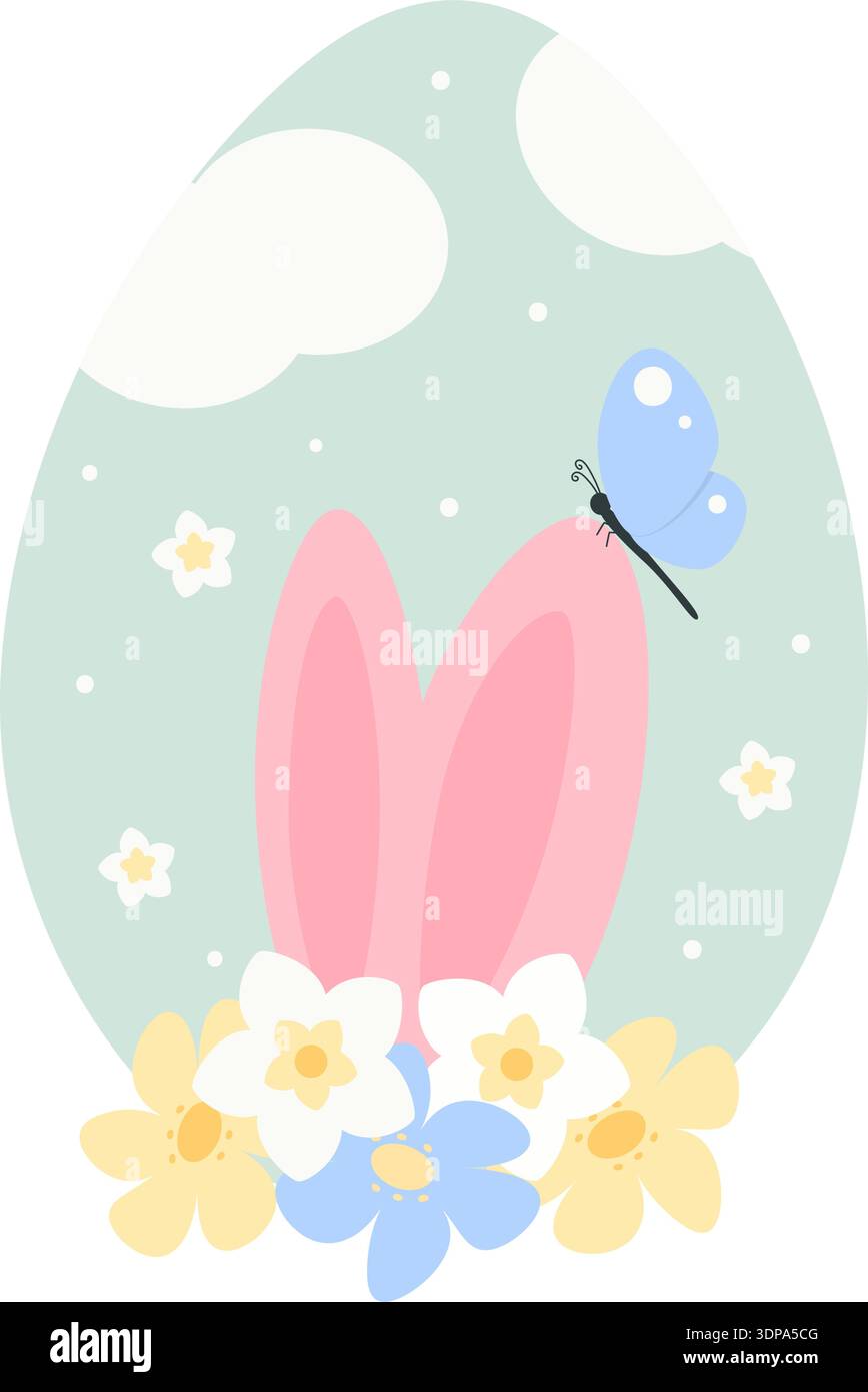 Oreilles de lapin avec papillon sur elle jettent un coup d'œil de derrière les fleurs sur un fond décoratif en forme d'oeuf. Autocollant d'illustration vectorielle isolé contenu lié à Pâques ou cartes de vœux, dépliants, publication médiatique Illustration de Vecteur