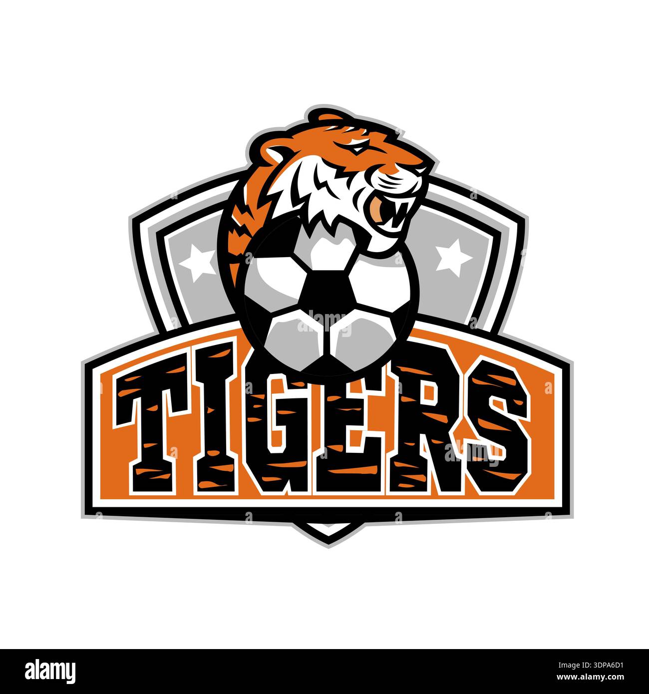 Illustration d'icône de mascotte de la tête d'un tigre avec ballon de football de football fixé à l'intérieur de la crête ou bouclier avec le mot Tigres vu de devant sur dos isolé Banque D'Images