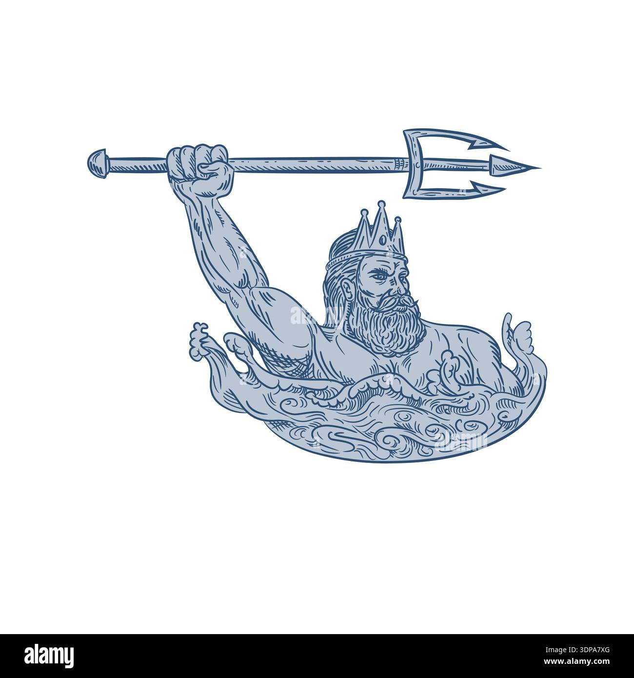 Croquis dessin illustration style de Triton, un dieu grec, le messager de la mer, fils de Poséidon et Amphitrite, armés de trident sur mer avec des vagues Banque D'Images