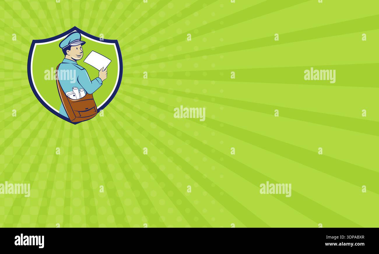 Carte de visite montrant l'illustration d'un facteur livrant une lettre regardant de côté vu de l'arrière, placée à l'intérieur de la crête du bouclier sur le b isolé Banque D'Images
