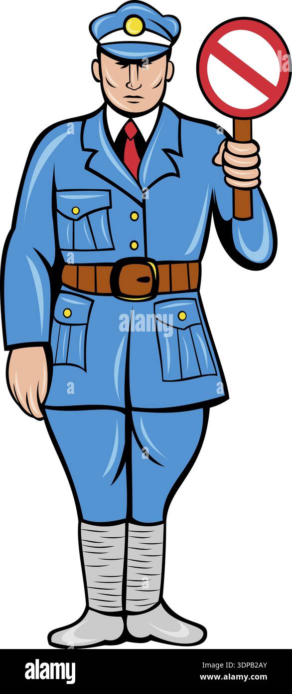 Illustration de style rétro d'un policier ou d'un policier avec panneau d'arrêt debout vue de face Banque D'Images