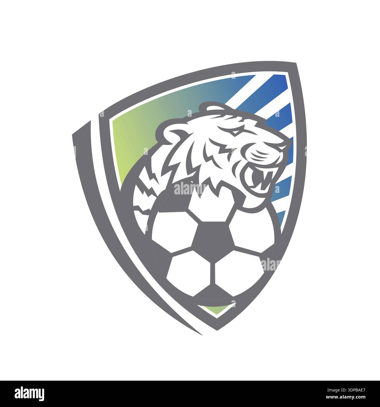 Icône mascotte illustration de la tête d'un tigre ou d'un grand chat avec ballon de football à l'intérieur de bouclier ou de crête vu de l'avant sur fond isolé i Banque D'Images