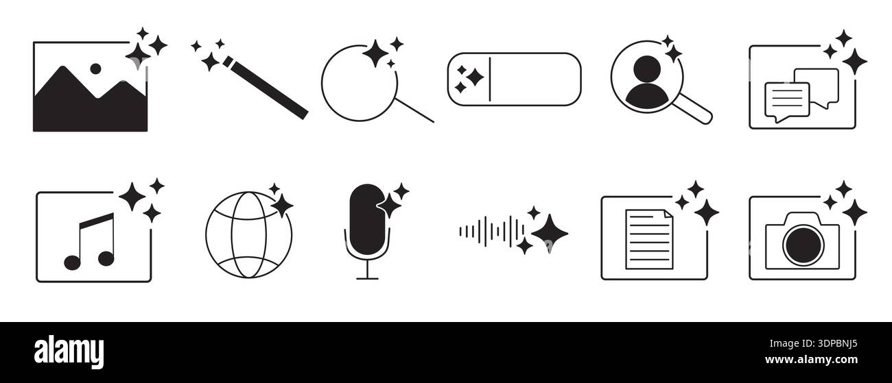 Jeu d'icônes audio ou multimédia générées par IA. Symbole d'étincelle d'étoile ai, concept d'intelligence artificielle créative et de technologie d'apprentissage automatique. IA générative. musique générée, image générée, crayon magique. Illustration vectorielle Illustration de Vecteur