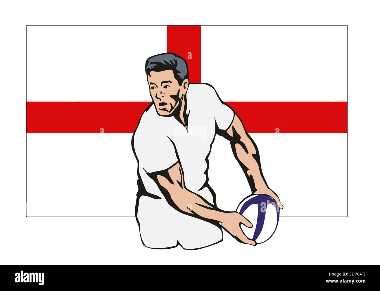 Illustration d'un joueur de rugby anglais passant le ballon avec le drapeau anglais en arrière-plan fait dans un style rétro Banque D'Images
