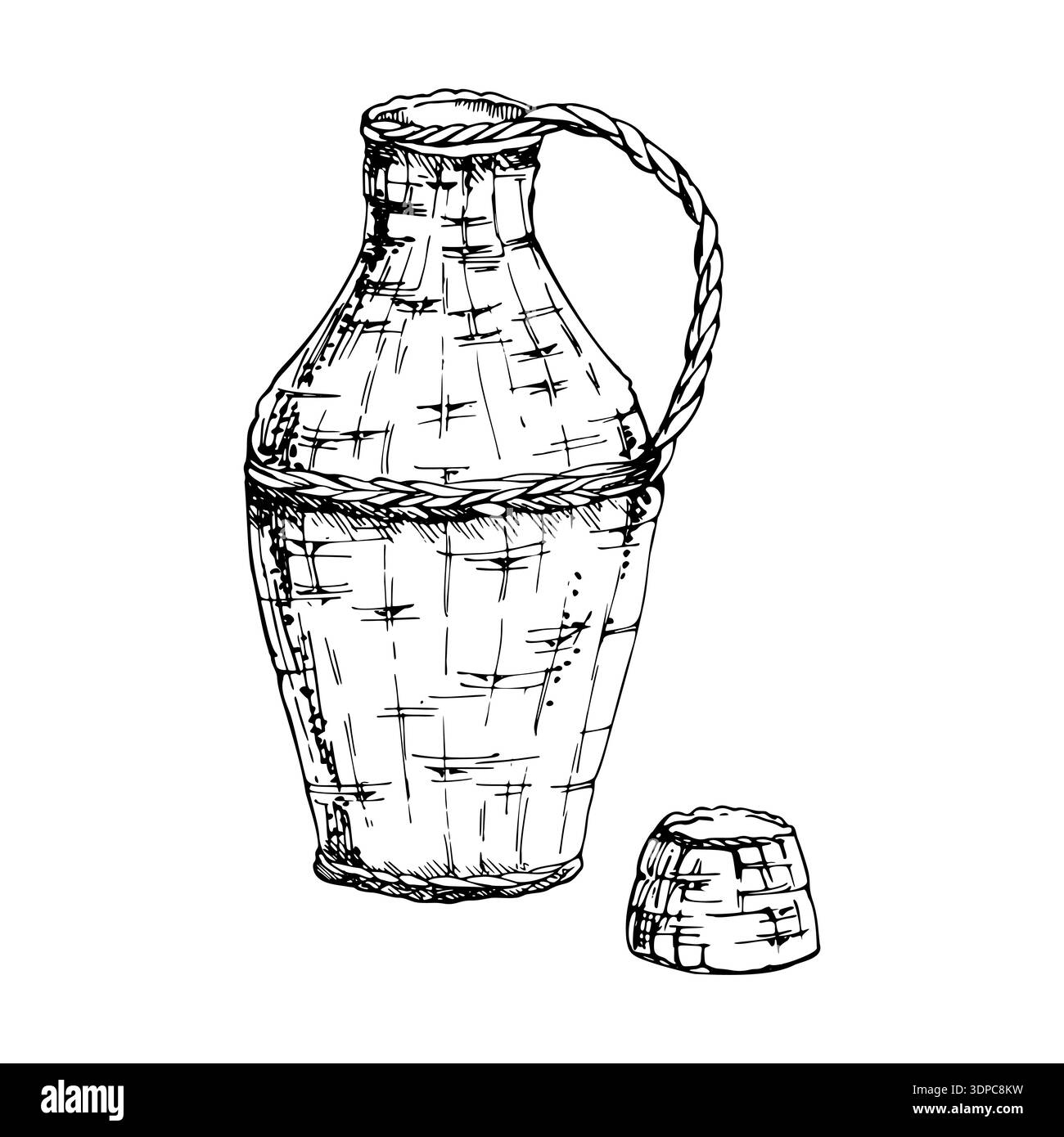 Bouteille carafe rustique Chianti carafe carafe dessinée à la main au stylo et à l'encre avec des détails en rotin tissé. Élément méditerranéen vintage isolé pour le branding, l'emballage Illustration de Vecteur
