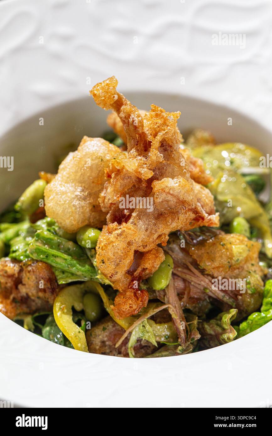 Salade chaude avec oignons croustillants et légumes verts Banque D'Images