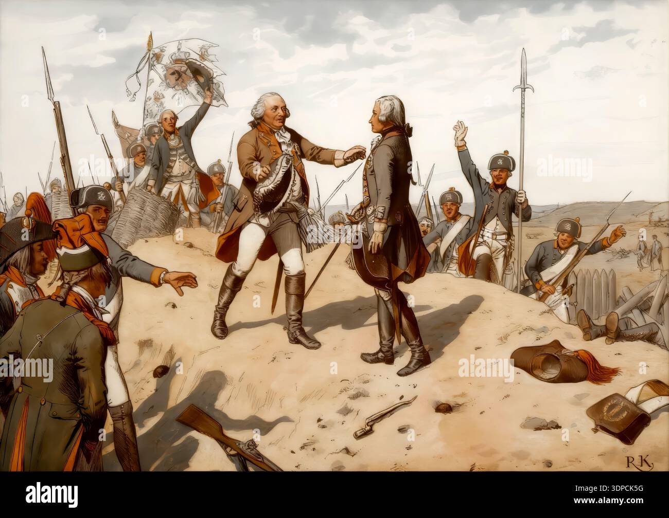 Frédéric-Guillaume II embrassa l'héroïque prince héritier Frédéric-Guillaume III après la bataille de Kostheim, le 1er mai 1793, peinture historique de R. Knötel, maison d'édition Paul Kittel, 1896 Banque D'Images
