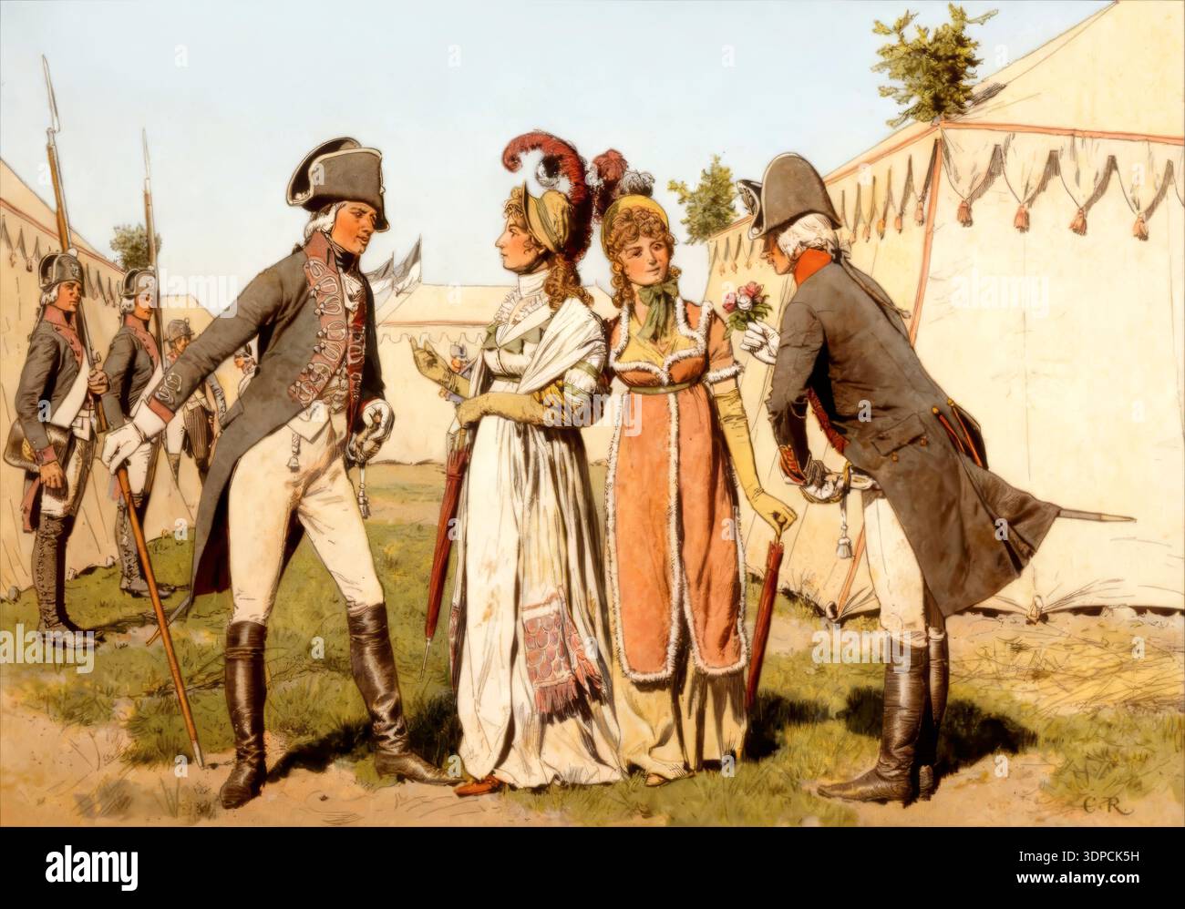 Visite de la princesse Luise et de Friederike à sa fiancée, le prince héritier Frédéric-Guillaume et le prince Louis, camp de Bodenheim, 29 mai 1793, Louise de Mecklembourg-Strelitz, 1776 - 1810, Reine consort de Prusse, peinture historique de C. Röchling, maison d'édition Paul Kittel, 1896 Banque D'Images