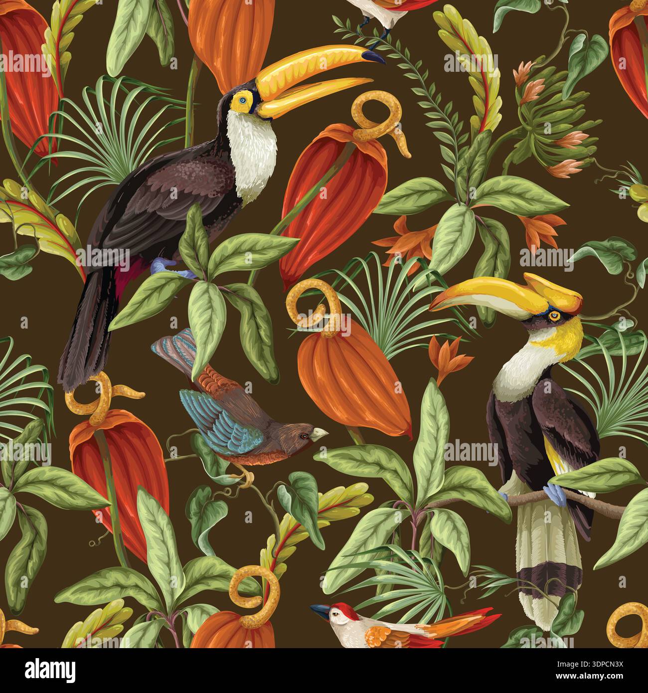 Motif sans couture d'oiseaux floraux tropicaux avec illustration botanique exotique jungle vintage Illustration de Vecteur