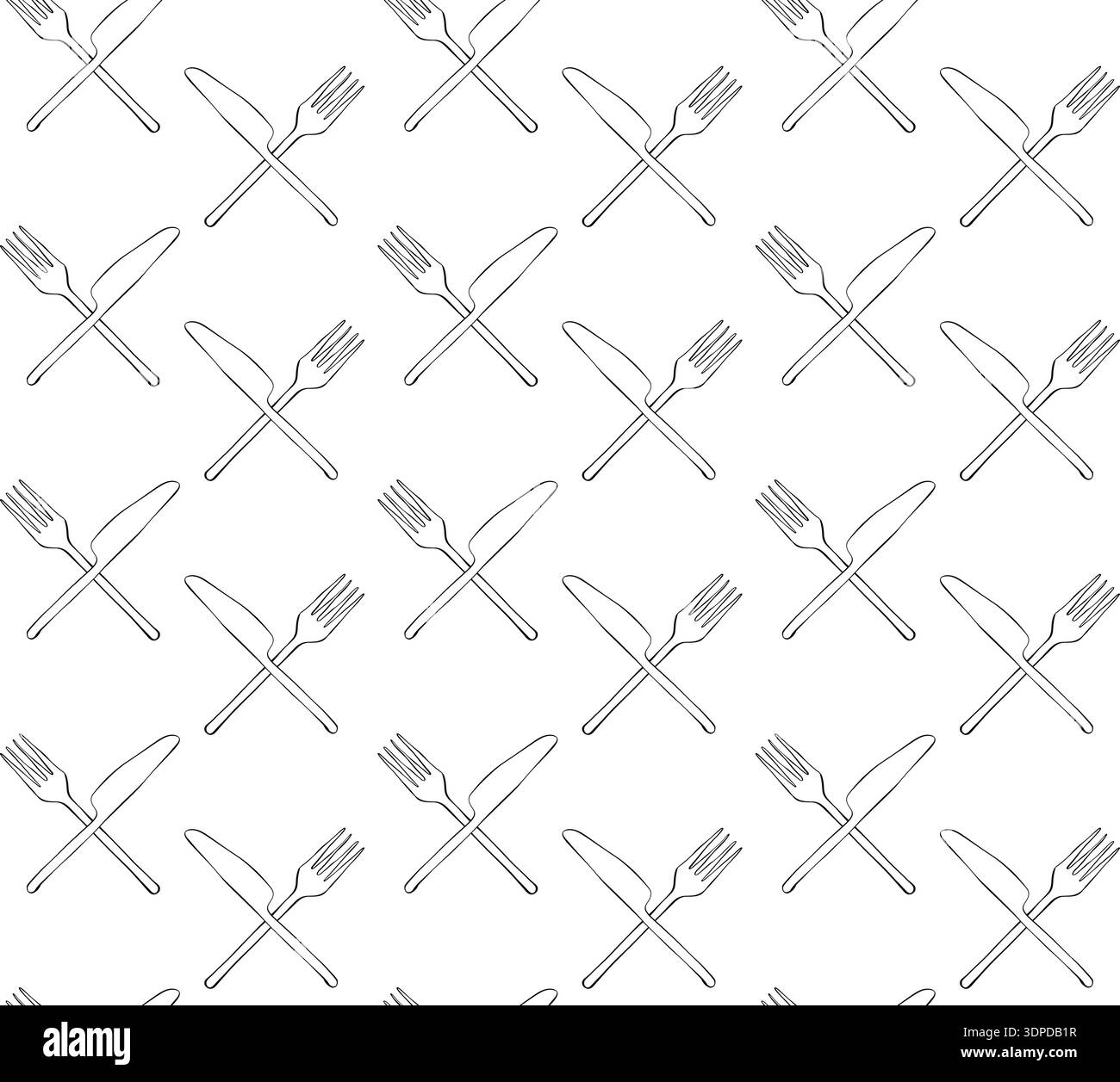 Croquis Doodle couverts isolé sur couteau de fond blanc, Fork Cafe closeup motif sans couture. illustration dessinée à la main. Encre de ligne graphique vectorielle noire w Illustration de Vecteur