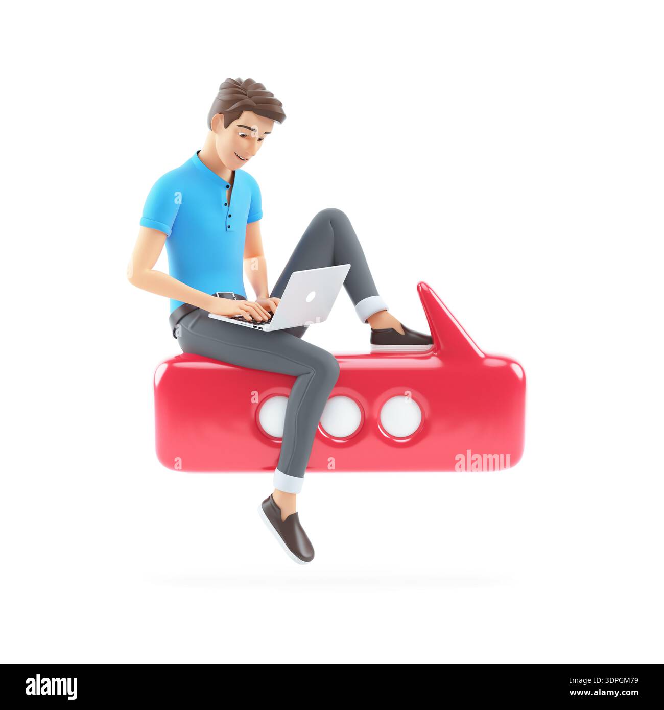 homme 3d avec ordinateur portable assis sur la conversation de bulle, illustration isolée sur fond blanc Banque D'Images