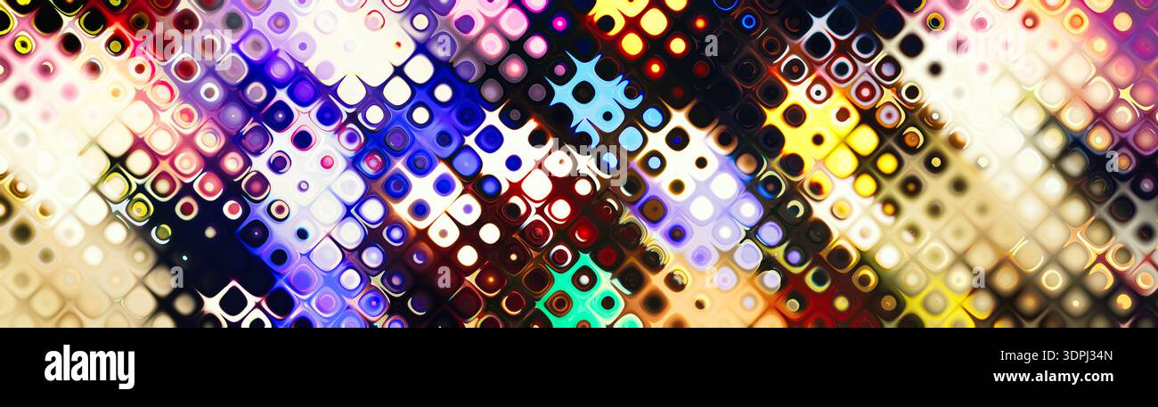 Fond de mosaïque coloré abstrait avec des carrés arrondis brillants et des lumières brillantes, motif géométrique multicolore vibrant avec des points lumineux, fut rétro Banque D'Images
