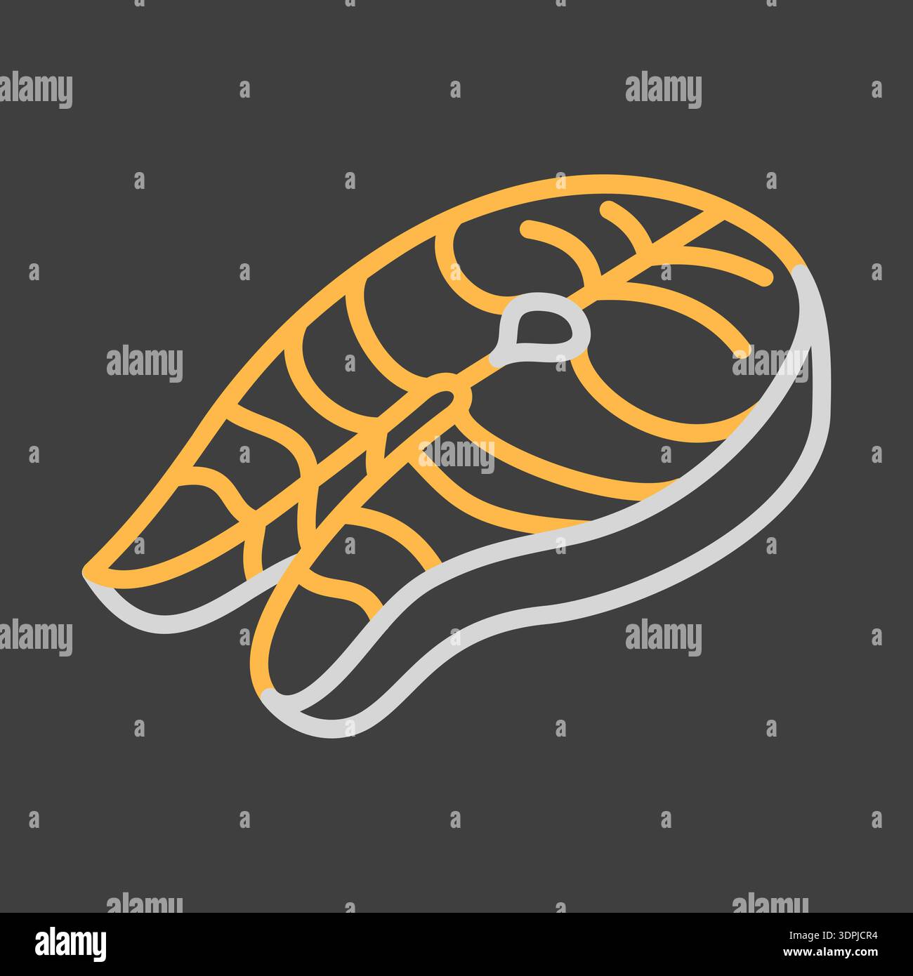 Vecteur plat minimaliste sur l'icône de fond sombre d'un steak de poisson frais (par exemple, saumon ou thon), idéal pour la cuisine de fruits de mer ou la conception de restaurant. Illustration de Vecteur