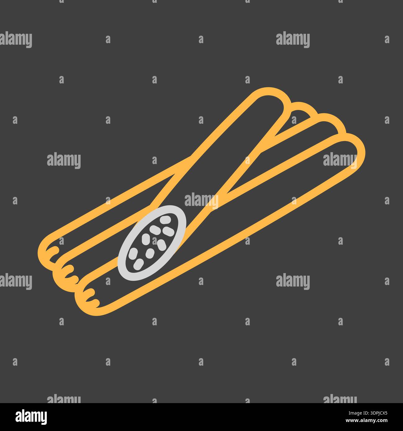 Vecteur plat minimaliste sur l'icône de fond sombre d'un paquet de saucisses de chasse minces et séchées, idéal pour les conceptions de camping ou de cuisine en plein air. Illustration de Vecteur
