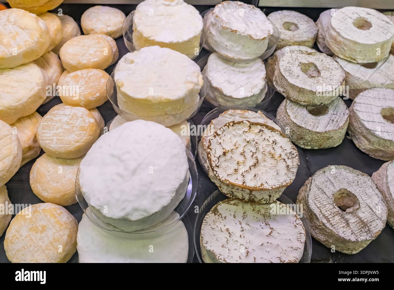 Variété de fromages français artisanaux à pâte molle sur un marché Banque D'Images