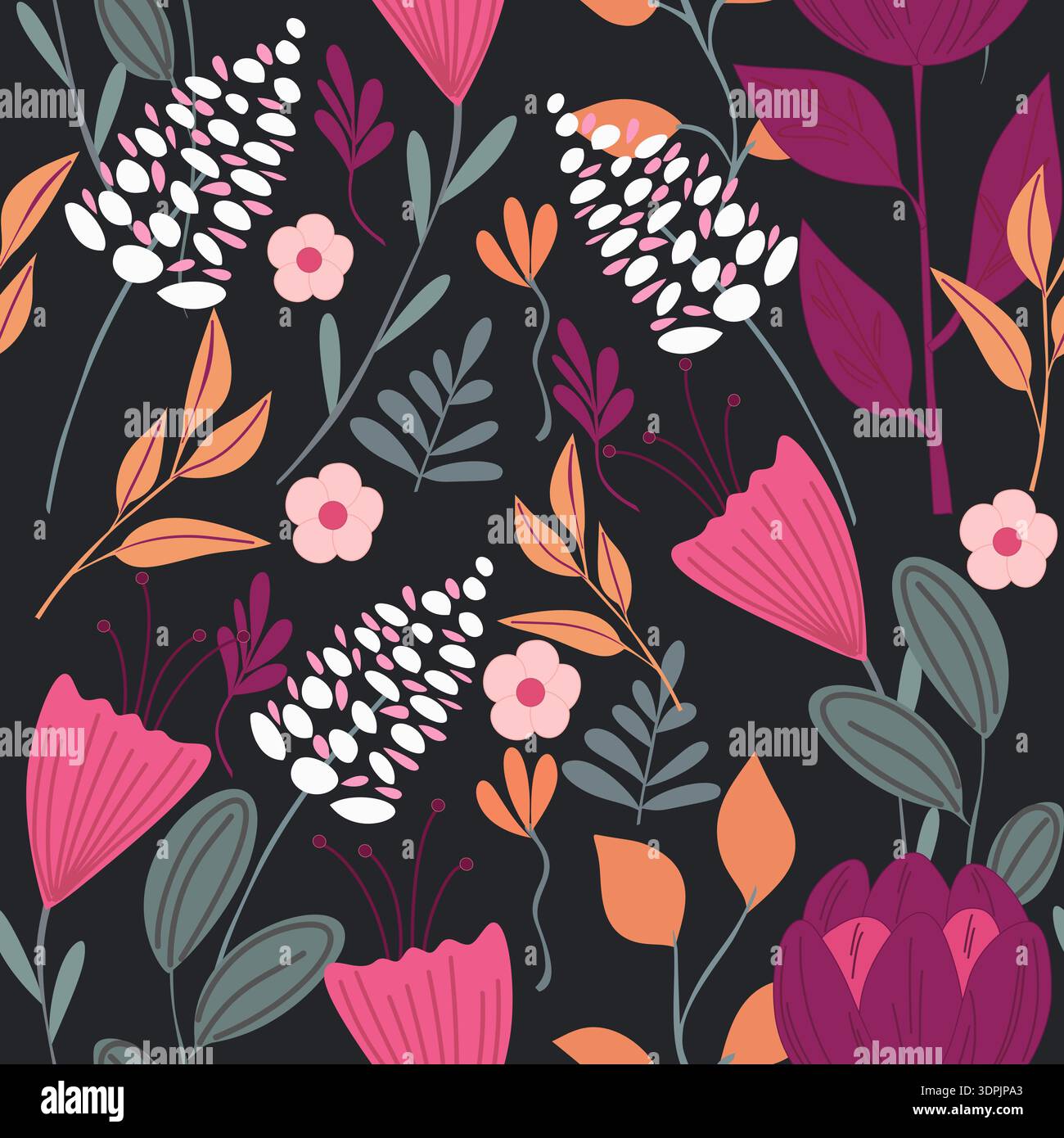 Imprimé botanique de diverses fleurs et feuilles. Illustration de Vecteur