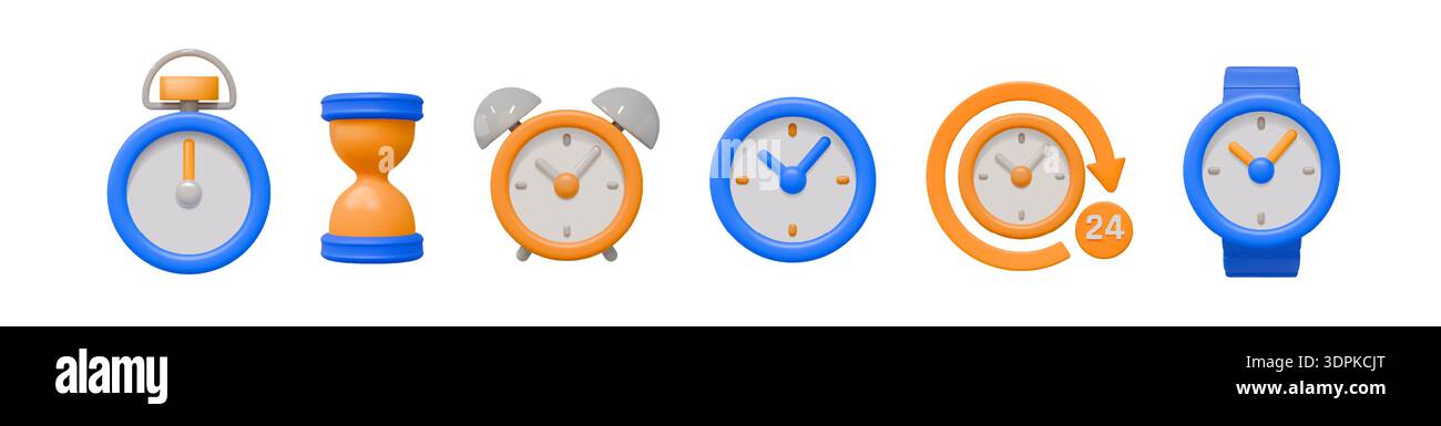 Horloge 3D. Compte à rebours. Montre de sable. Sablier ou chronomètre. Minuterie en plastique couleur. Montre-bracelet numérique mignonne. rappel de 24 heures. Comptage des minutes. Cadran de sablier et d'horlogerie. Jeu d'icônes de rendu vectoriel Illustration de Vecteur