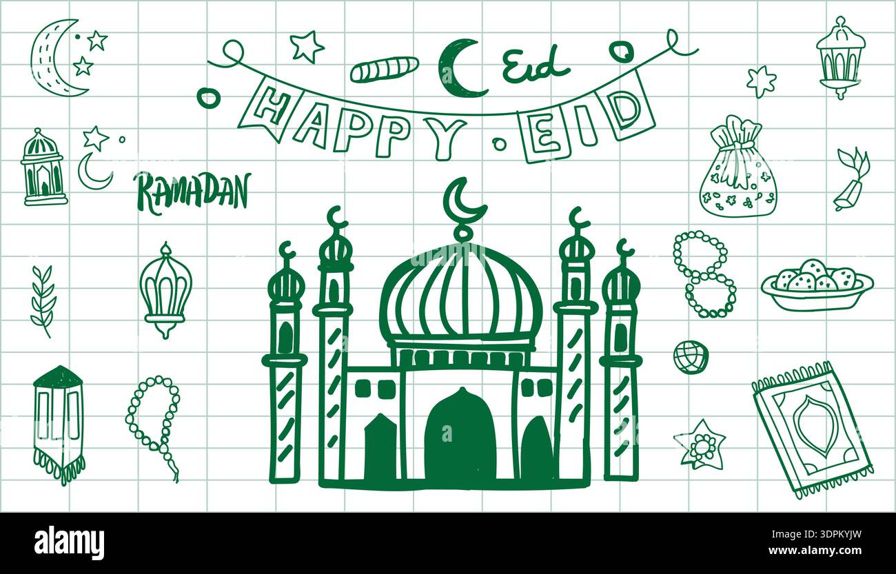 Illustration de Doodle de l'Aïd et du Ramadan dessinée à la main avec mosquée, lanternes, croissant de lune, étoiles, perles de prière, nourriture et symboles islamiques festifs. Illustration de Vecteur