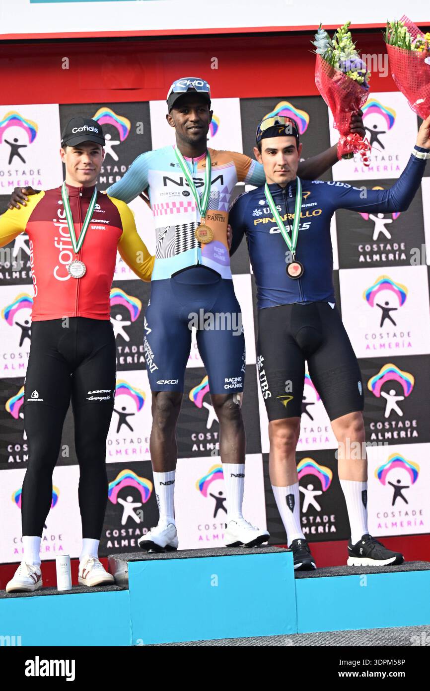 15-02-2026 Clasica de Almeria ; 2026, NSN ; 2026, Cofidis; 2026, Pinarello - Q36.5 ; Gyrmai Hailu, Biniam ; Fretin, Milan ; Moschetti, Matteo ; Roquetas de Mar; Banque D'Images